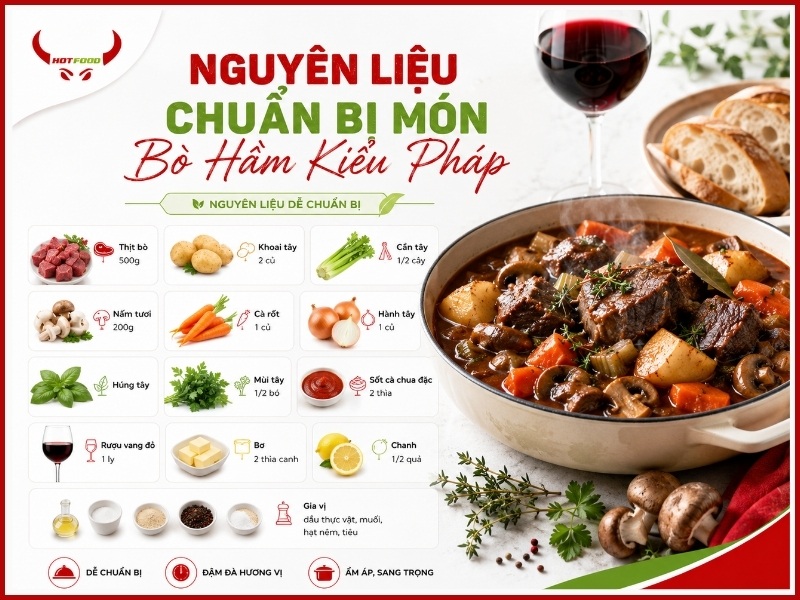 Nguyên liệu chuẩn bị món bò hầm kiểu Pháp
