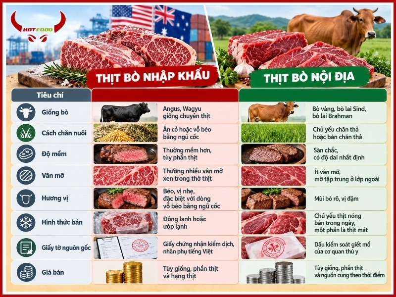 Bảng so sánh nhanh thịt bò nhập khẩu và nội địa