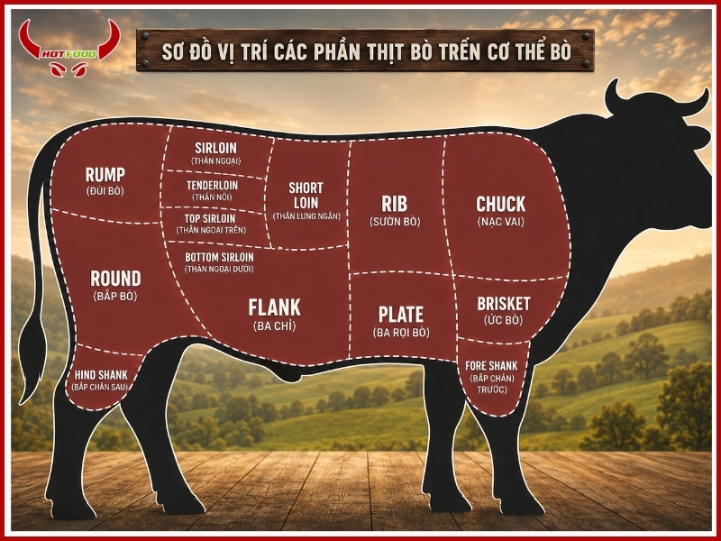 Sơ đồ vị trí các phần thịt bò trên cơ thể bò