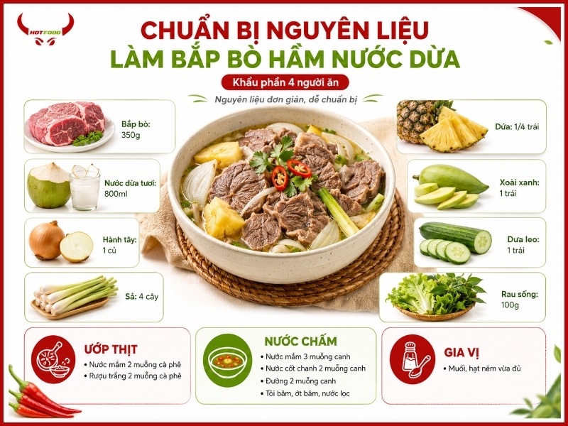 Chuẩn bị nguyên liệu làm bắp bò hầm nước dừa