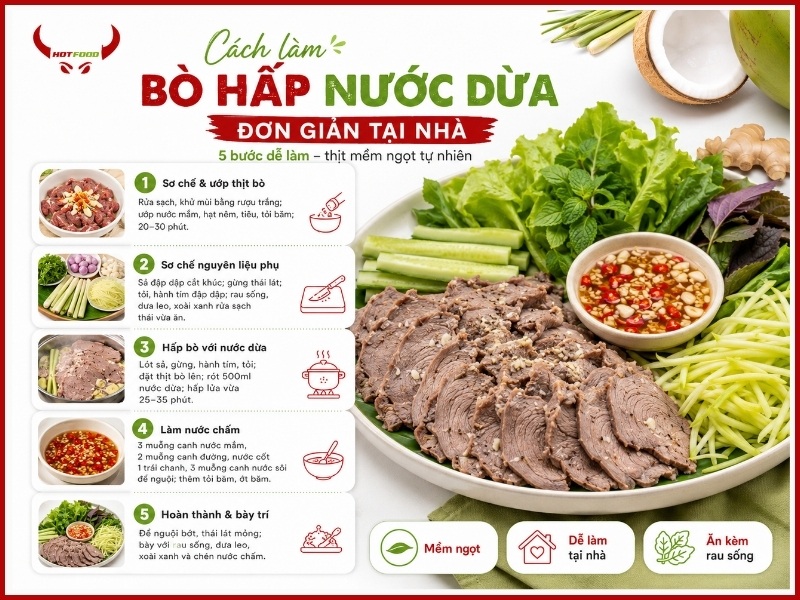 Cách làm bò hấp nước dừa đơn giản tại nhà
