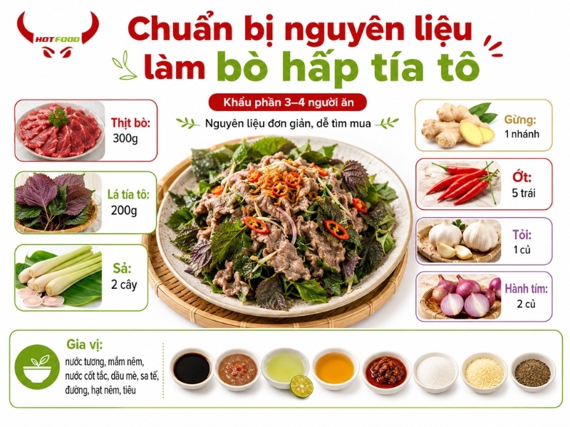 Chuẩn bị nguyên liệu làm bò hấp tía tô