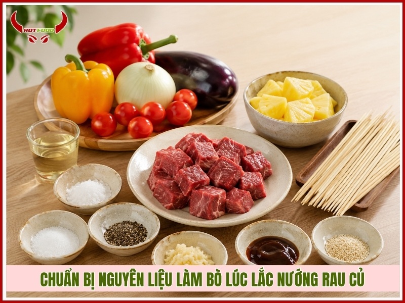 Chuẩn bị nguyên liệu làm bò lúc lắc nướng rau củ