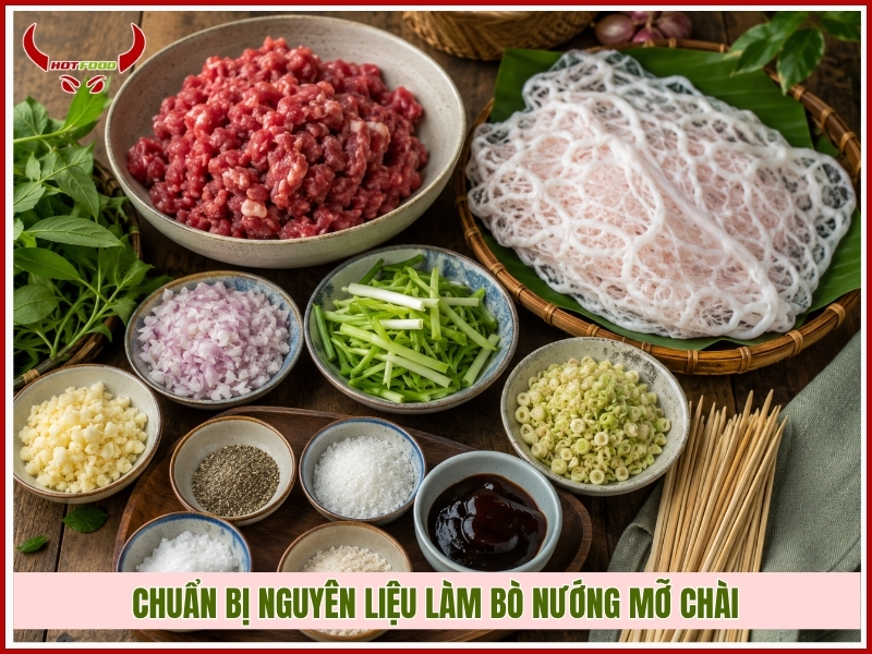 Chuẩn bị nguyên liệu làm bò nướng mỡ chài