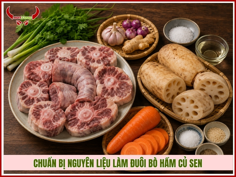 Chuẩn bị nguyên liệu làm đuôi bò hầm củ sen