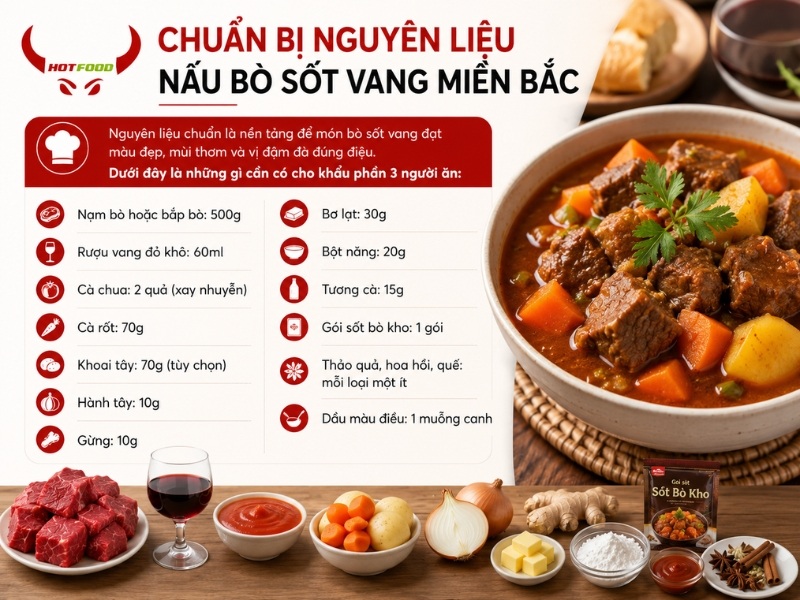Chuẩn bị nguyên liệu nấu bò sốt vang miền Bắc