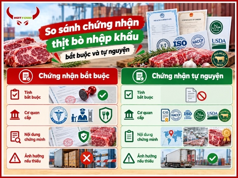 So sánh chứng nhận bắt buộc và chứng nhận tự nguyện thịt bò nhập khẩu
