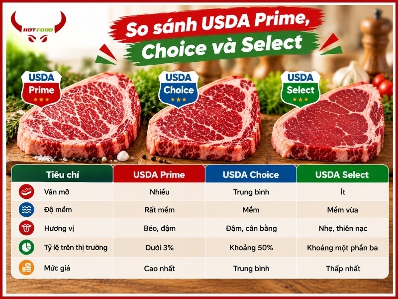 So sánh USDA Prime, Choice và Select